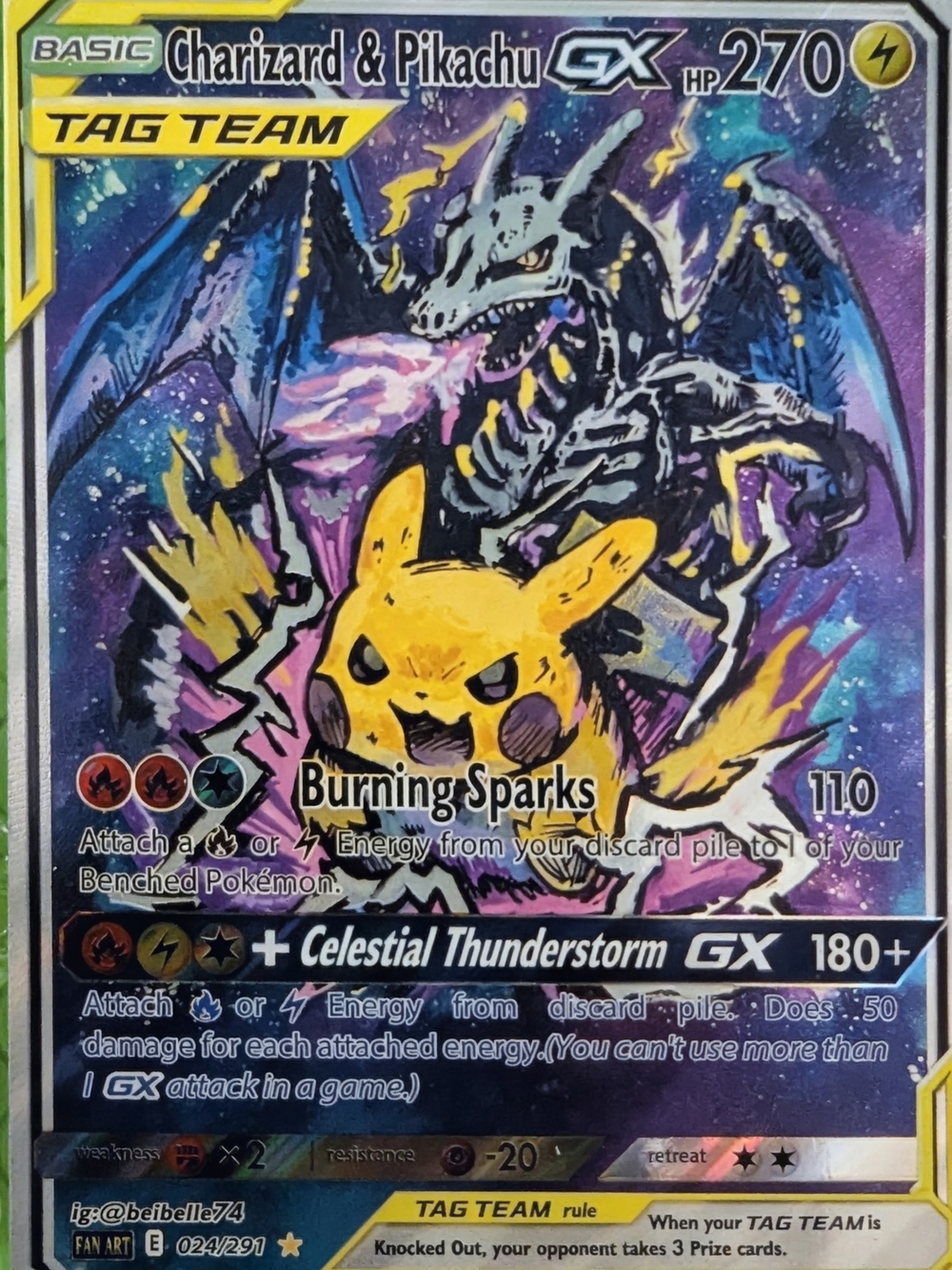 FAN ART Charizard & Pikachu GX Tag Team - Yellow, Black, Purple, Blue